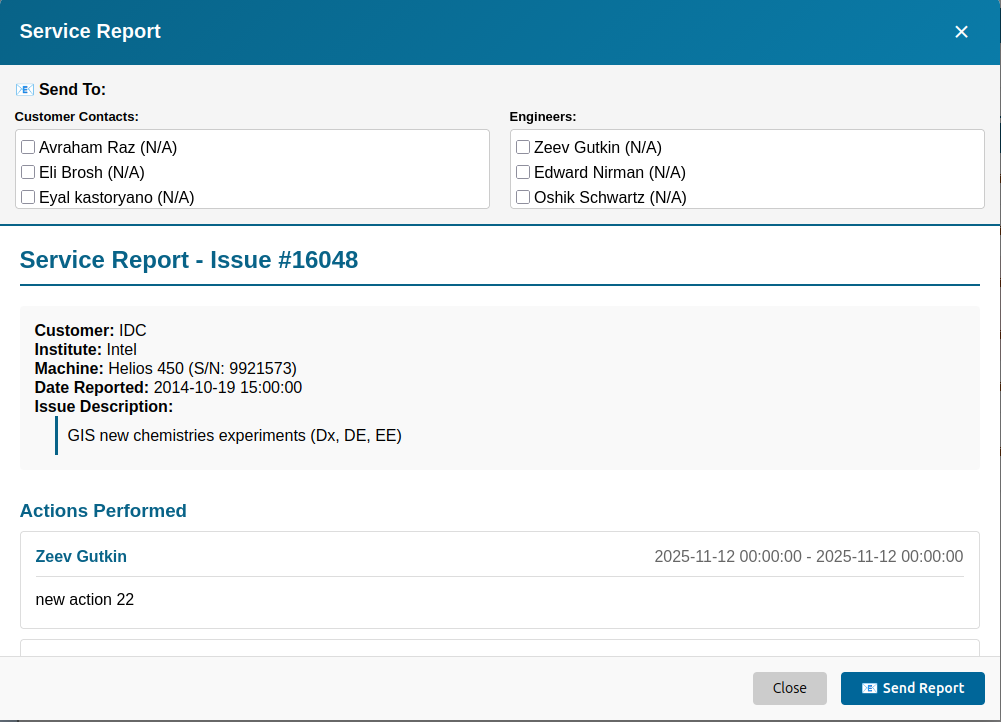 Service report with sticky toolbar